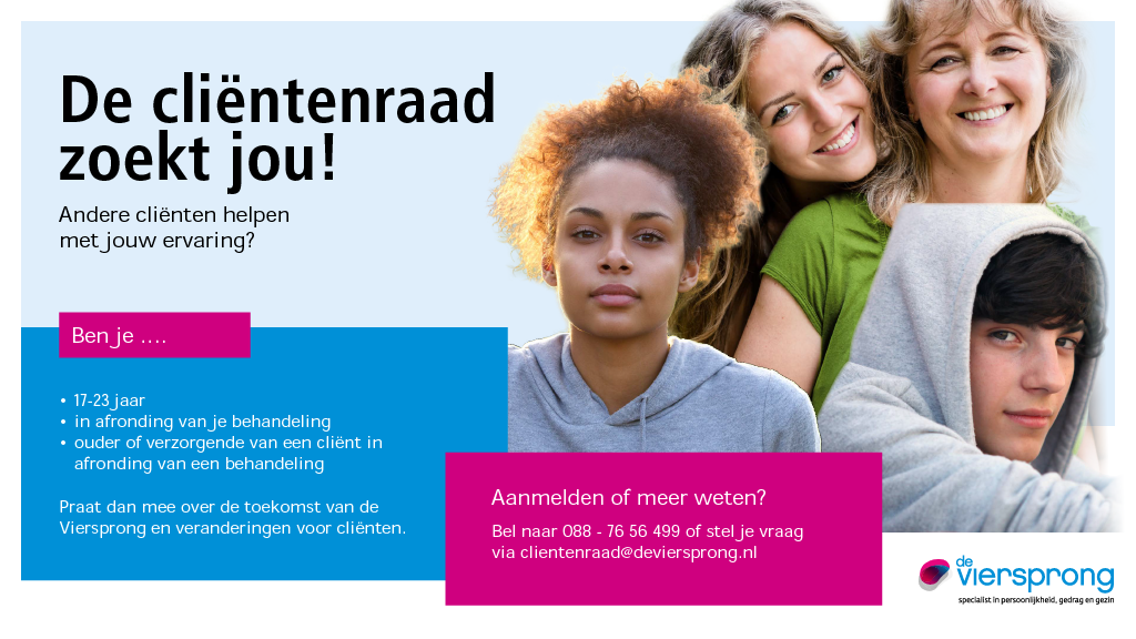 Verder meepraten over de toekomst van de Viersprong en veranderingen voor cliënten? Meld je aan voor onze cliëntenraad.